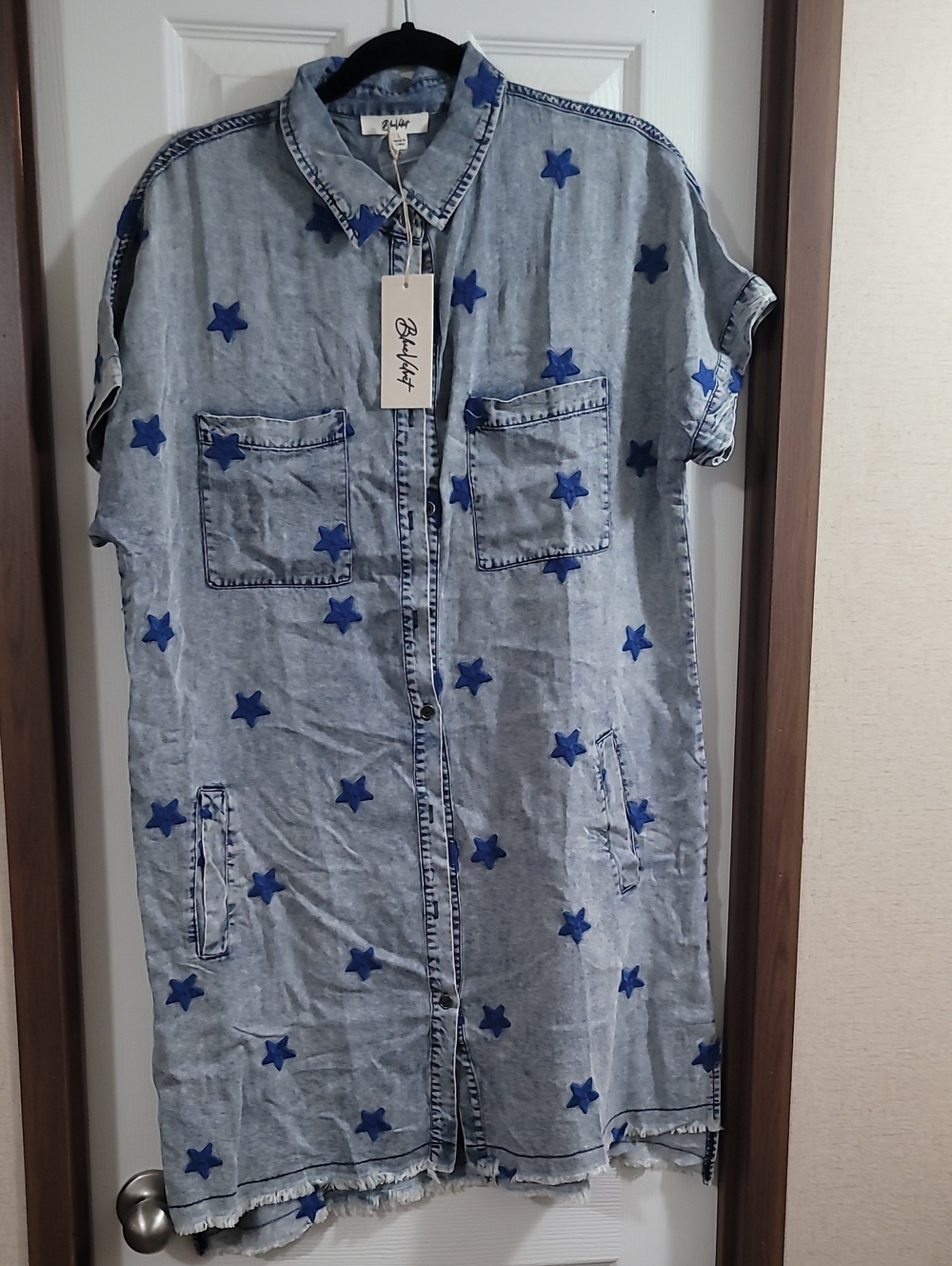 BlueVelvet Light Blue Denim Shirt with Royal Blue Star Accents